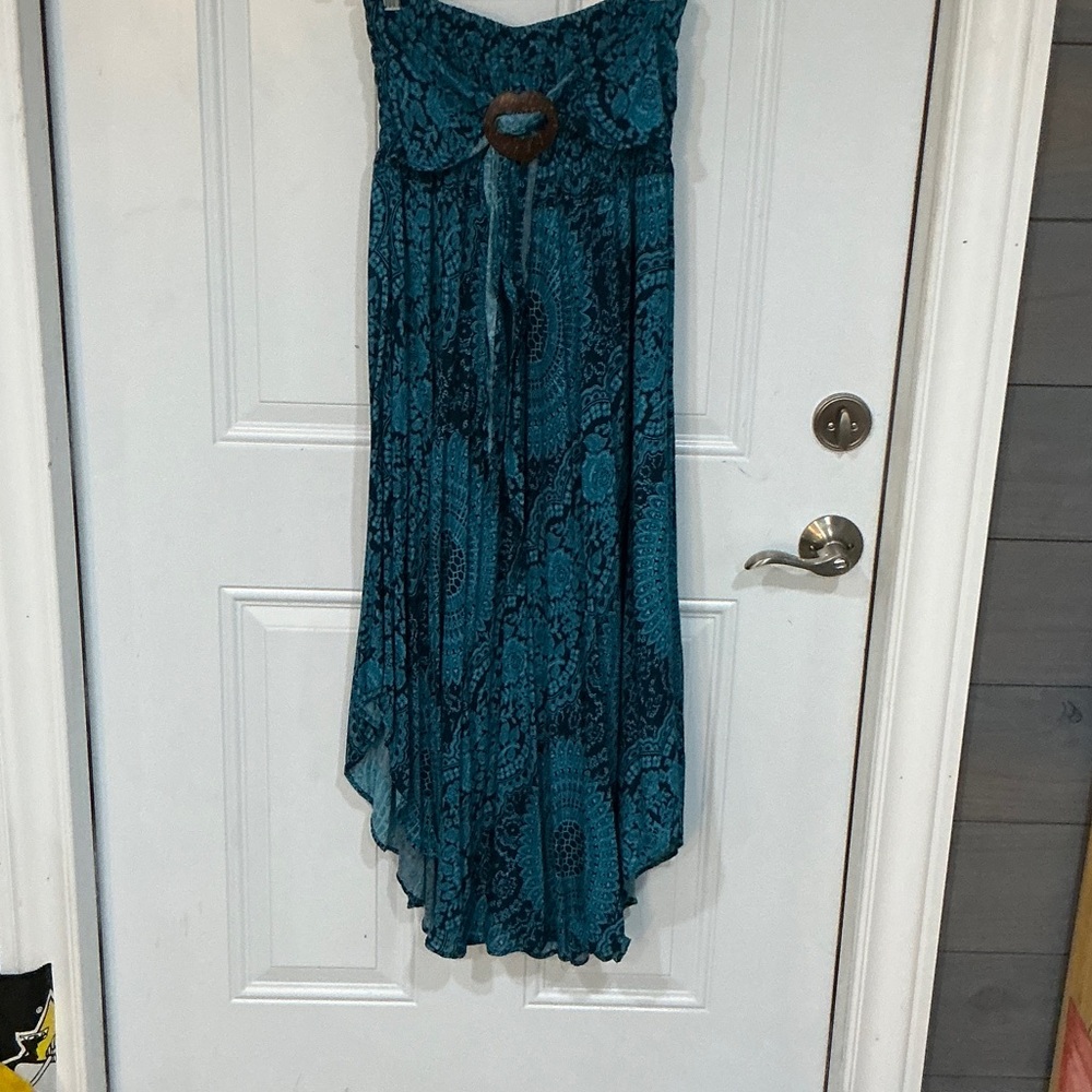 Love Turquoise green and navy blue Patterned High-Low Skirt